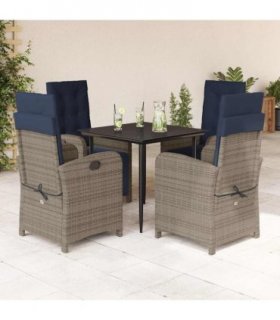 vidaXL 5 Piece Garden Dining Set with Cushions Grey Poly Rattan — Size: 80 cm table length, Model: with footrest