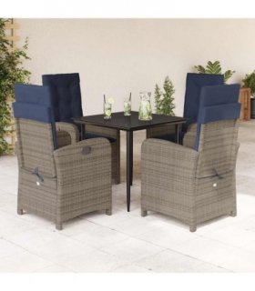 vidaXL 5 Piece Garden Dining Set with Cushions Grey Poly Rattan — Size: 80 cm table length, Model: without footrest