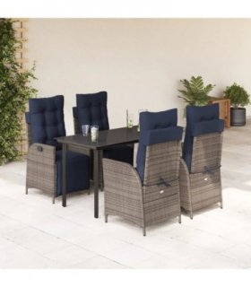 vidaXL 5 Piece Garden Dining Set with Cushions Grey Poly Rattan — Size: 140 cm table length, Model: Round leg