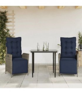 vidaXL 3 Piece Garden Dining Set with Cushions Grey Poly Rattan — Size: 80 cm table length, Model: Sharp leg