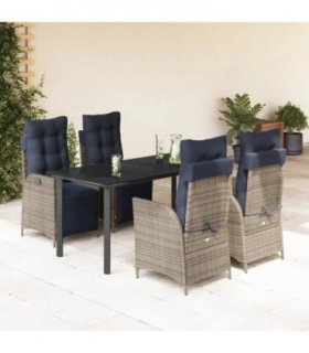 vidaXL 5 Piece Garden Dining Set with Cushions Grey Poly Rattan — Size: 160 cm table length, Model: Round leg