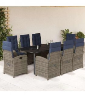 vidaXL 9 Piece Garden Dining Set with Cushions Grey Poly Rattan — Size: 200 cm table length, Model: with footrest