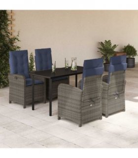 vidaXL 5 Piece Garden Dining Set with Cushions Grey Poly Rattan — Size: 140 cm table length, Model: without footrest