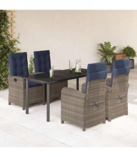 vidaXL 5 Piece Garden Dining Set with Cushions Grey Poly Rattan — Size: 160 cm table length, Model: without footrest