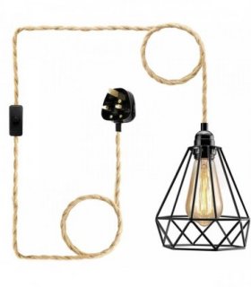 Fabric Hemp Flex Cable kit Plug In Pendant Lamp Light E27 Fitting Black,Hemp Diamond -with bulb