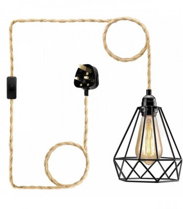 Fabric Hemp Flex Cable kit Plug In Pendant Lamp Light E27 Fitting Black,Hemp Diamond -without bulb