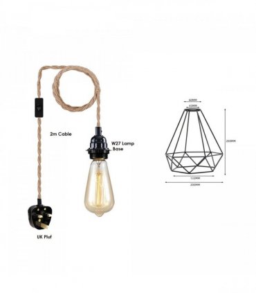 Fabric Hemp Flex Cable kit Plug In Pendant Lamp Light E27 Fitting Black,Hemp Diamond -without bulb