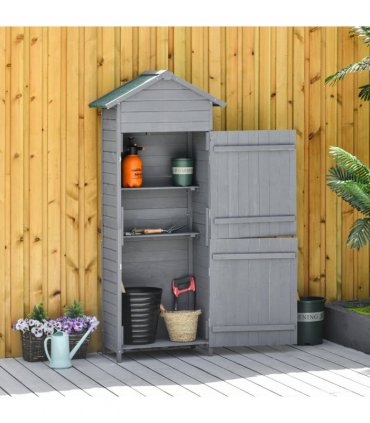Wood Garden Storage Shed Tool Cabinet w/ Felt Roof, 189x82x49cm, Grey — Colour: Dark Grey, Size: 82cm x 49cm x 189cm