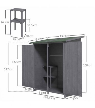Garden Storage Shed Tool Organizer w/ Table, 139x75x160cm, Grey