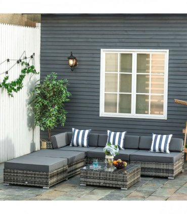 6 Pieces Rattan Furniture Set Conservatory Sofa Deluxe Wicker Garden — Colour: Grey