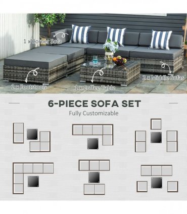 6 Pieces Rattan Furniture Set Conservatory Sofa Deluxe Wicker Garden — Colour: Grey