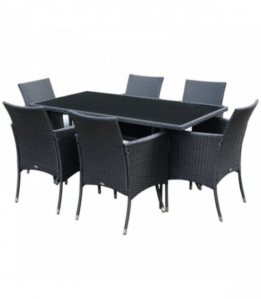 7pc Rattan Garden Furniture Dining Set - Black/Cream