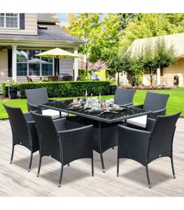 7pc Rattan Garden Furniture Dining Set - Black/Cream
