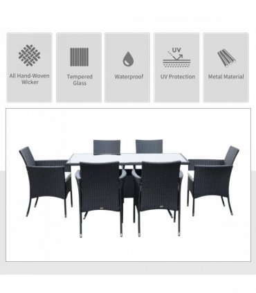 7pc Rattan Garden Furniture Dining Set - Black/Cream