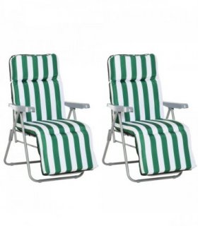 Set of 2 Folding Sun Lounger Recliner Chairs Daybed Cushion Green White