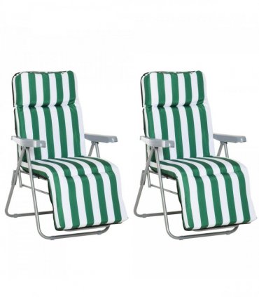 Set of 2 Folding Sun Lounger Recliner Chairs Daybed Cushion Green White