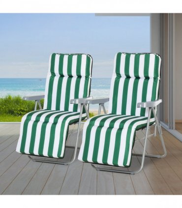 Set of 2 Folding Sun Lounger Recliner Chairs Daybed Cushion Green White