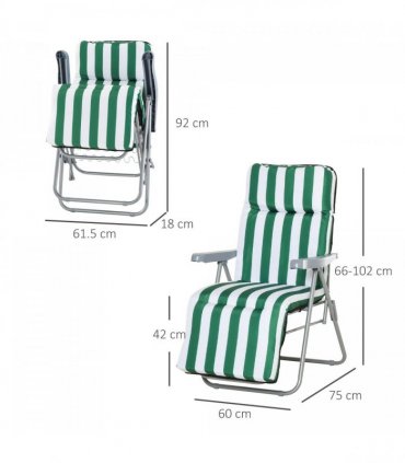 Set of 2 Folding Sun Lounger Recliner Chairs Daybed Cushion Green White
