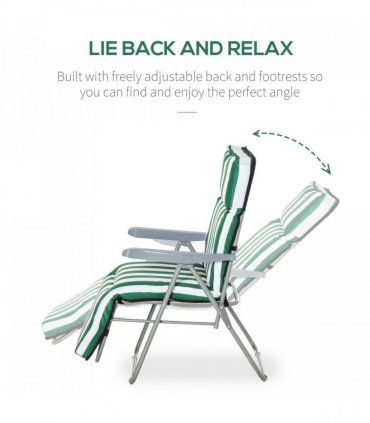 Set of 2 Folding Sun Lounger Recliner Chairs Daybed Cushion Green White