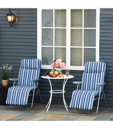 Set of 2 Adjustable Sun Lounger Recliner Reclining Seat Blue and White — Colour: Blue & White