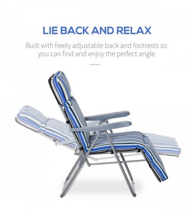 Set of 2 Adjustable Sun Lounger Recliner Reclining Seat Blue and White — Colour: Blue & White