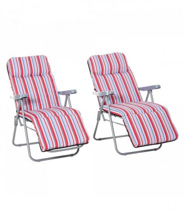 Set of 2 Adjustable Sun Lounger Recliner Reclining Seat Red and White — Colour: Red & White