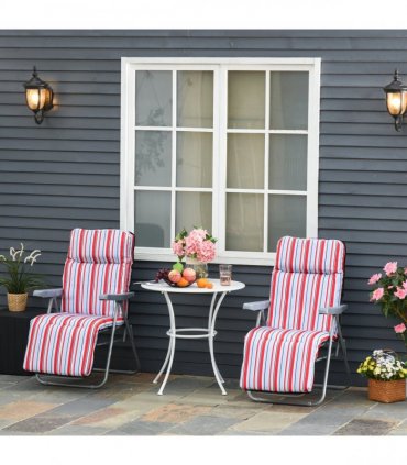 Set of 2 Adjustable Sun Lounger Recliner Reclining Seat Red and White — Colour: Red & White