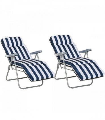 Set of 2 Folding Sun Lounger Recliner Chairs Daybed Cushion Blue White