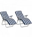 Set of 2 Folding Sun Lounger Recliner Chairs Daybed Cushion Blue White