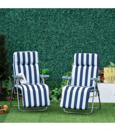 Set of 2 Folding Sun Lounger Recliner Chairs Daybed Cushion Blue White