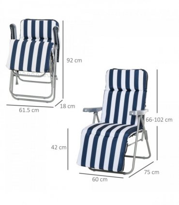 Set of 2 Folding Sun Lounger Recliner Chairs Daybed Cushion Blue White