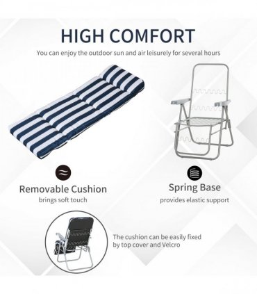 Set of 2 Folding Sun Lounger Recliner Chairs Daybed Cushion Blue White