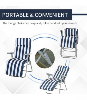 Set of 2 Folding Sun Lounger Recliner Chairs Daybed Cushion Blue White