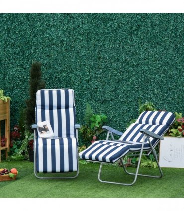 Set of 2 Folding Sun Lounger Recliner Chairs Daybed Cushion Blue White