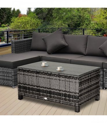 PE Rattan Garden Coffee Table w/ Tempered Glass Top Grey — Colour: Mixed Grey