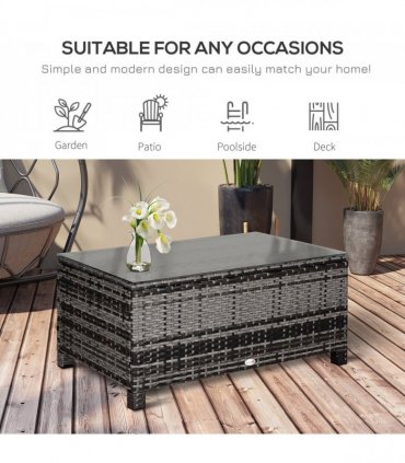 PE Rattan Garden Coffee Table w/ Tempered Glass Top Grey — Colour: Mixed Grey
