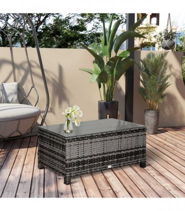 PE Rattan Garden Coffee Table w/ Tempered Glass Top Grey — Colour: Mixed Grey