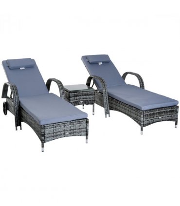 3 PCS Rattan Lounger Recliner Bed Garden Furniture Set w/ Side Table — Colour: Grey
