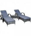3 PCS Rattan Lounger Recliner Bed Garden Furniture Set w/ Side Table — Colour: Grey