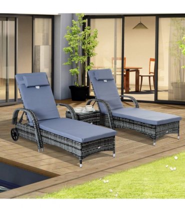 3 PCS Rattan Lounger Recliner Bed Garden Furniture Set w/ Side Table — Colour: Grey