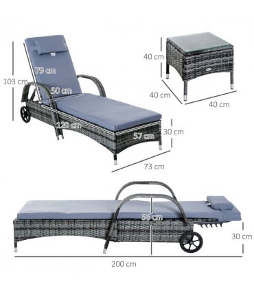 3 PCS Rattan Lounger Recliner Bed Garden Furniture Set w/ Side Table — Colour: Grey