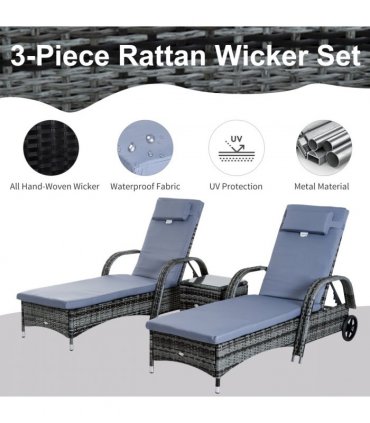 3 PCS Rattan Lounger Recliner Bed Garden Furniture Set w/ Side Table — Colour: Grey