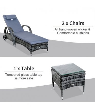 3 PCS Rattan Lounger Recliner Bed Garden Furniture Set w/ Side Table — Colour: Grey