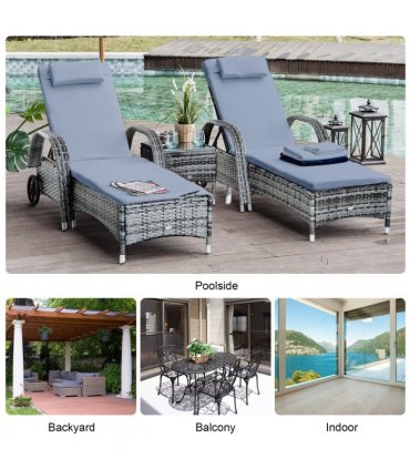 3 PCS Rattan Lounger Recliner Bed Garden Furniture Set w/ Side Table — Colour: Grey