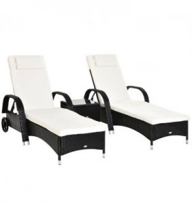 3 PCS Rattan Lounger Recliner Bed Garden Furniture Set w/ Side Table — Colour: Black