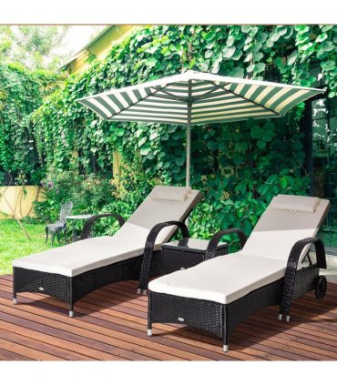 3 PCS Rattan Lounger Recliner Bed Garden Furniture Set w/ Side Table — Colour: Black