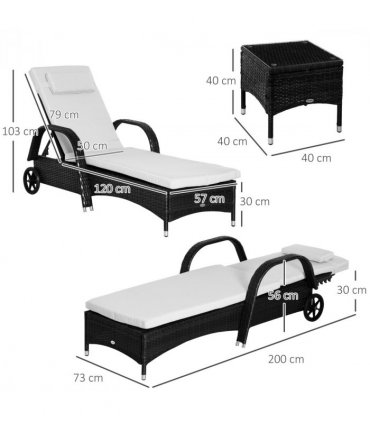 3 PCS Rattan Lounger Recliner Bed Garden Furniture Set w/ Side Table — Colour: Black