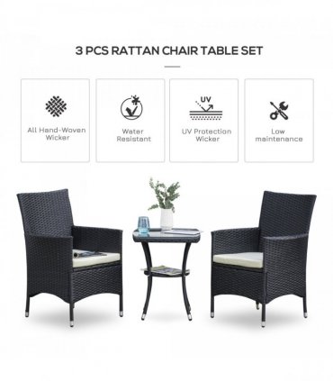 Rattan Bistro Set, 3 Pcs-Black