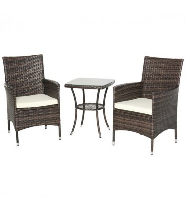 3 Pcs Rattan Bistro Set: 1 x Table, 2 x Chairs-Brown