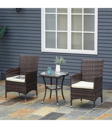 3 Pcs Rattan Bistro Set: 1 x Table, 2 x Chairs-Brown